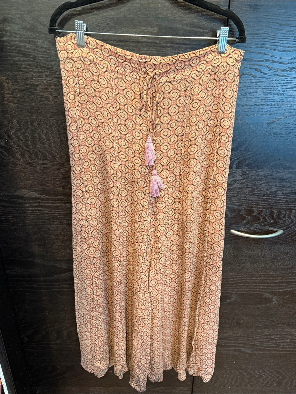 Free People Peach Printed Wide Leg Pants with Tassel Drawstring